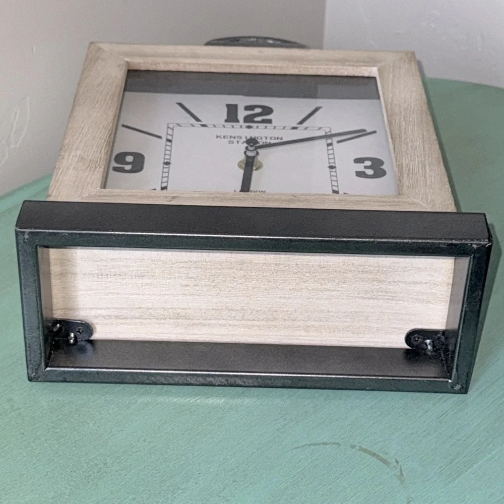 Rustic Industrial Square Table Clock Silver Metal Accents Antique Farmhouse